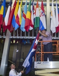  The Cuban flag is added to the display inside the US State Department’s main entrance early on Monday morning. Photograph: Paul J Richards/AFP/Getty Images