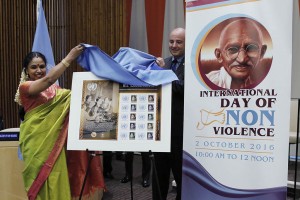 INTERNATIONAL DAY OF NON VIOLENCE Unveiling of the commemorative stamp by ASG Mr. Cutts;  			Right side of the podium. 	 Mrs. Sudha Ragunathan and ASG to be present in the unveiling area. Other dignitaries will be on the podium. 			 Presentation of Stamps to the dignitaries by ASG Mr. Cutts  The first copy will be presented to the Musician Mrs. Sudha Raghunathan who is carrying forward the carnatic music tradition.